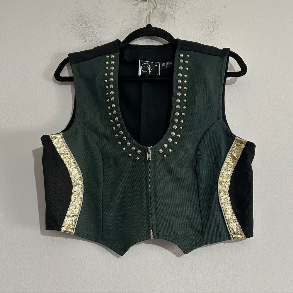 Vintage Green Structured Vest Gold Studded Ren Faire Rodeo Western Cowgirl